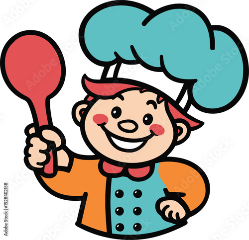 Colorful vector of a smiling junior chef boy in uniform, holding a red spoon—perfect for cooking-themed kids projects, education materials, or restaurant branding.