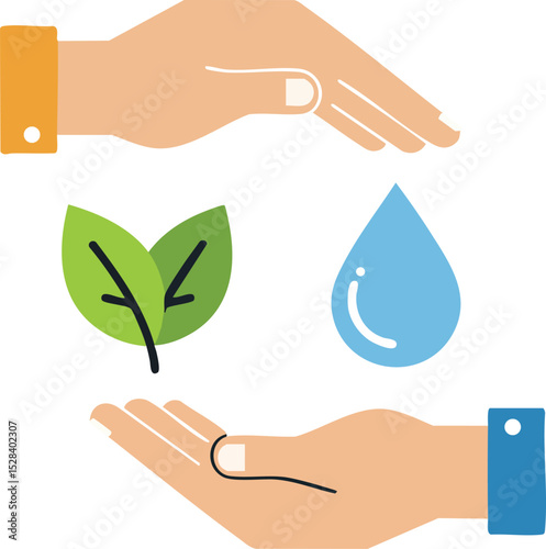 Hands protecting green leaf and blue water drop symbolizing environmental care and water conservation concept vector illustration 
