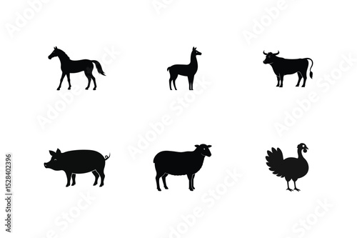 Domestic animal silhouette collection featuring farm species vector illustration.
