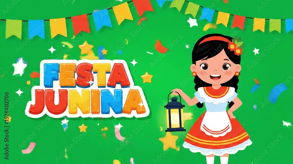 Festa Junina com menina, lanterna e faixa em fundo verde