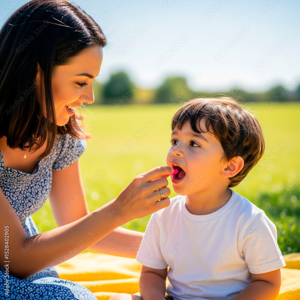 Mother putting colored pill in child's mouth Mother putting colored pill in child's mouth