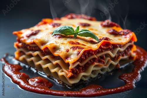 a piece of lasagna, generously sliced into portions and steamed, placed in the center on a dark matte background