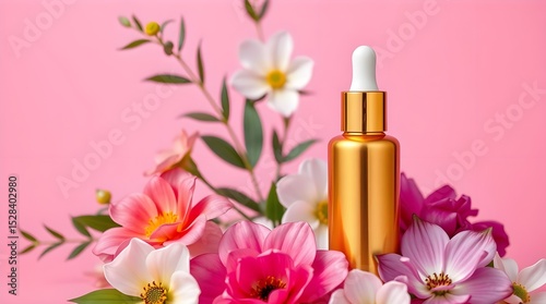 A golden skincare bottle with a sleek design is surrounded by colorful flowers, space for copy
