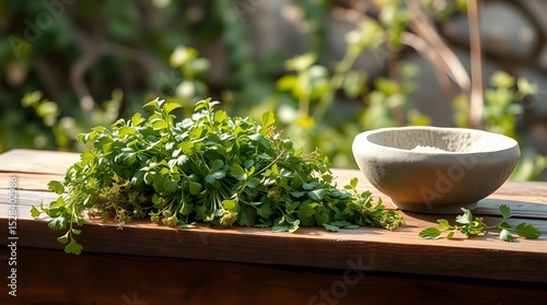 A rustic table displays fresh herbs by a stone bowl, space for copy