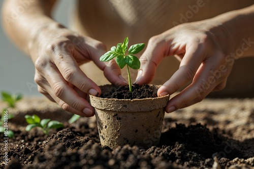 Close-up. Human hands plant only a sprouted flower in the ground.