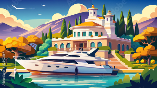Luxury Yacht at Mediterranean Paradise: A stunning luxury yacht, basking in the Mediterranean sun near a grand villa, exemplifies opulence and travel. Very beautiful