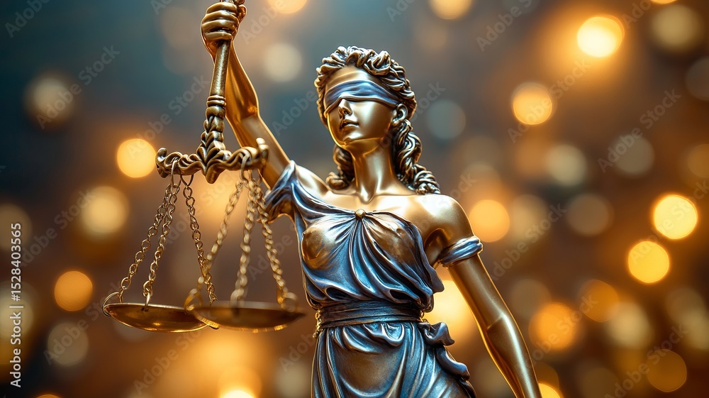 Fototapeta premium Justice and balance depiction with goddess vereneyo holding scales, symbolizing fairness and equality in abstract light background