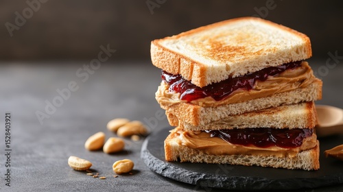 A classic peanut butter and jelly sandwich, perfectly toasted and stacked, inviting nostalgia and comfort with its creamy filling and vibrant fruit jelly flavor.