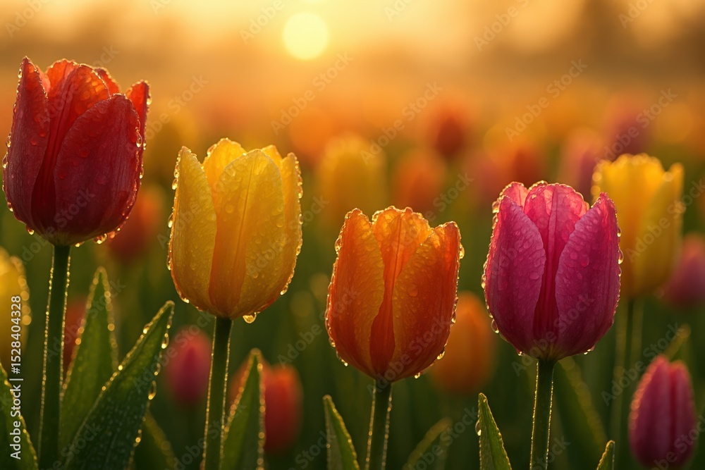 Fototapeta premium Dew-covered tulips at dawn with sunlit background