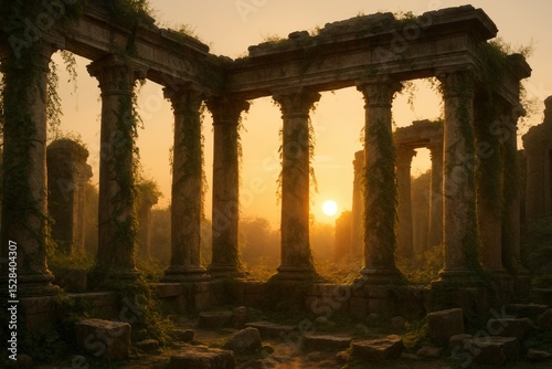 Sunrise over ancient temple ruins with lush greenery - mystical morning scene for nature design