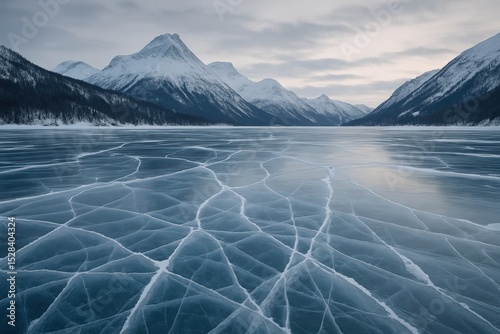 Tranquil winter landscape of frozen lake with mountain peaks