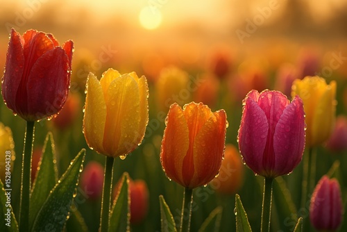 Dew-covered tulips at dawn with sunlit background