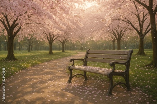 Serene cherry blossom pathway with bench on a tranquil spring day