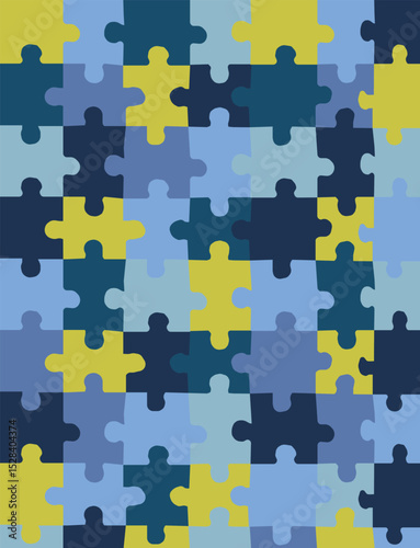 Fun seamless pattern with interlocking puzzle pieces in blue and yellow palette. Great for educational, playful, and kid-themed designs