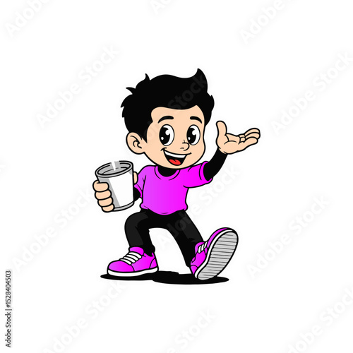  Happy Boy Holding Drink and Pointing