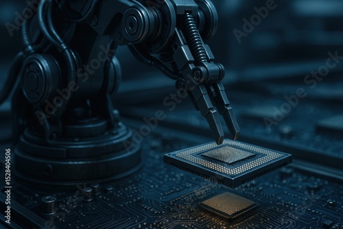 Advanced robotic arm assembling computer chip on circuit board