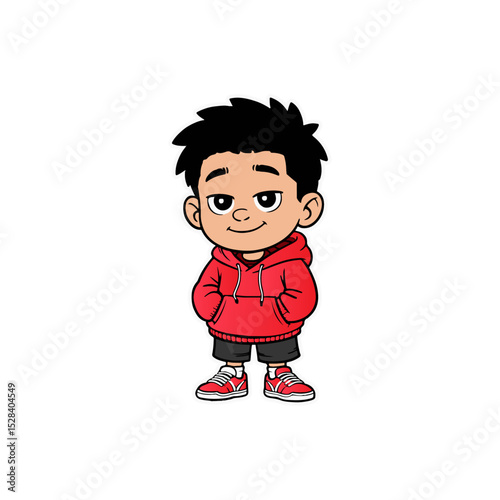 Happy Boy in Red Hoodie Standing