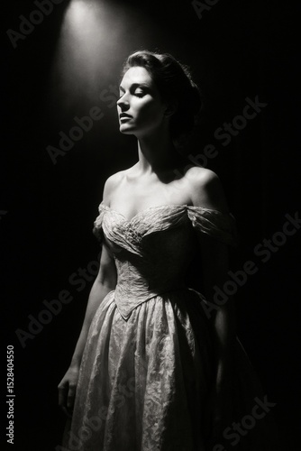 Dramatic spotlight portrait of elegantly dressed woman in vintage lighting