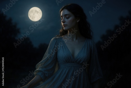 Enchanting evening under the full moon: serene woman in moonlit elegance