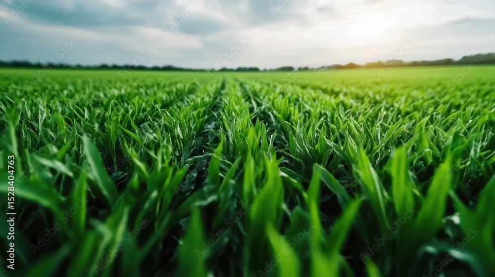 Obraz premium A vast expanse of vibrant green grass stretches out in rows, illuminated by the soft glow of a sunset, embodying tranquility and the beauty of nature's harvest.