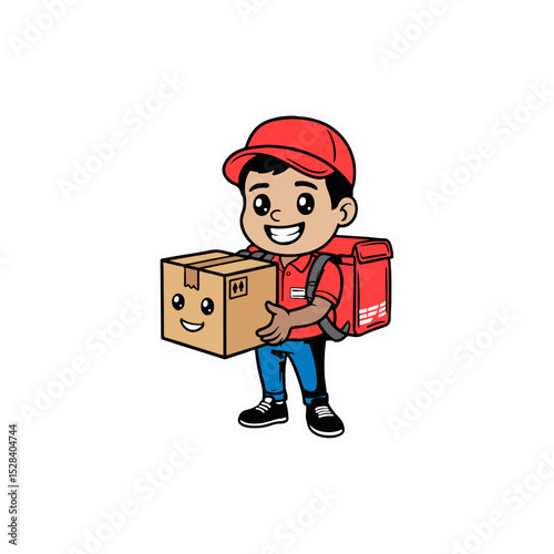  Delivery Boy With Parcel Box Cartoon Vector