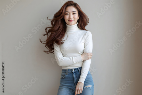 A young woman in jeans and a white blouse on a light background.