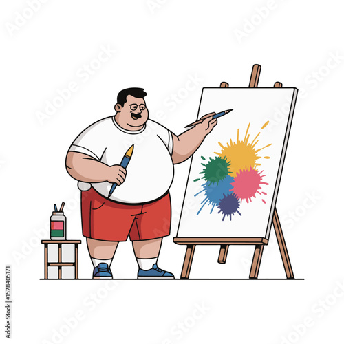 Chubby Male Artist Painting on Easel Vector