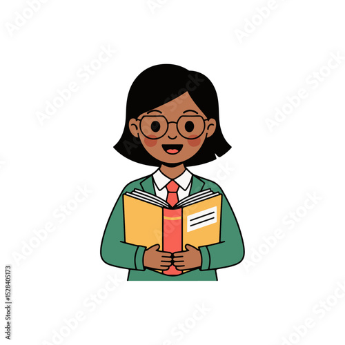 Young Girl with Glasses Reading a Book Vector