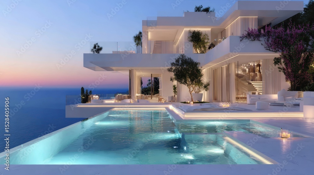 Fototapeta premium Stunning white modern luxury villa perched on a cliff, featuring an infinity pool with breathtaking ocean views at sunset, epitomizing coastal living