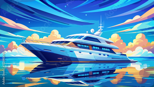 Luxury Yacht on Calm Water: A majestic luxury yacht cuts through the serene, glassy water under a bright blue sky dotted with fluffy clouds, creating a picture of opulence and. Very beautiful