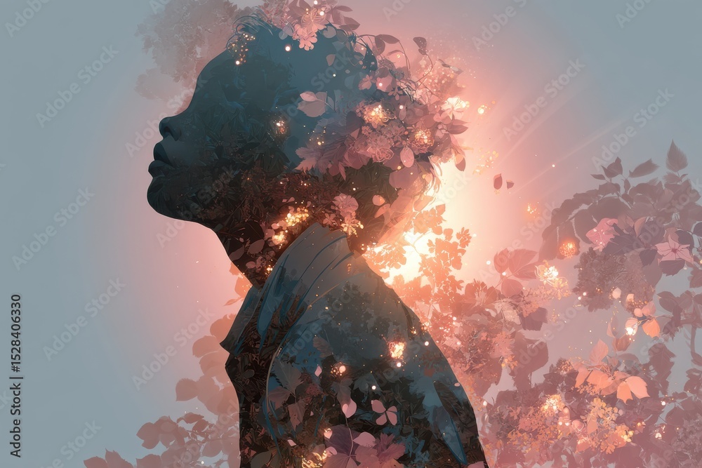 Fototapeta premium Surreal portrait blending nature elements with a glowing and ethereal atmosphere
