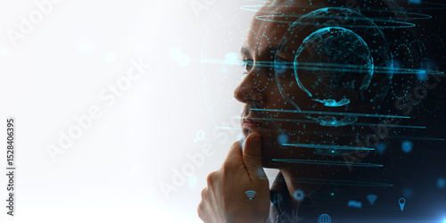 Silhouette of a thoughtful man overlaid with a digital globe and tech icons in blue color on white background. Concept of machine learning, artificial intelligence, AI, global business and big data