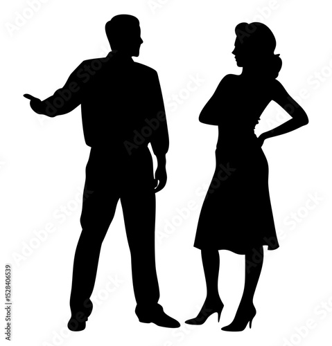 Executive couple with team silhouette PNG in office setting
