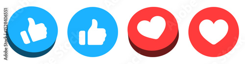3d Like and love icon button. Thumbs up and heart flat icon in modern 3d buttons circle shapes , Social media notification icons. emoji post reactions set. Vector illustration