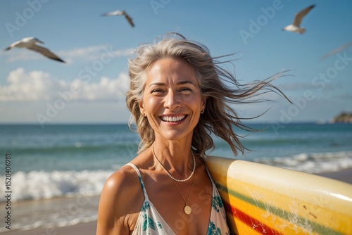 A 60-year-old woman on the beach on a sunny day