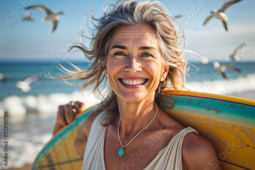 A 60-year-old woman on the beach on a sunny day