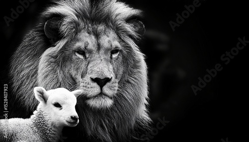 majestic lion and gentle lamb side by side in dramatic black and white portrait powerful contrast symbolizing peace and unity