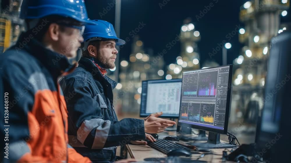 Industrial engineers wearing safety gear monitoring production process using computers and discussing data in brightly lit industrial facility during night shift