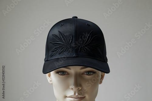 A black baseball cap on a mannequin. Baseball caps for sale.
