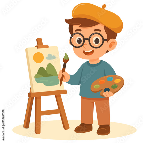 preschool boy in glasses with brush and paints on palette draws on easel, flat style