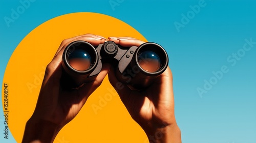 Hands Holding Binoculars Against Blue Sky and Orange Sun – Vision, Exploration, and Future Opportunity Concept