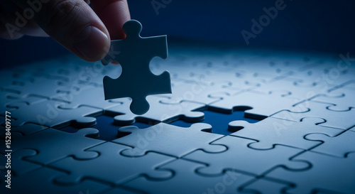 Close-up of hand placing puzzle piece, completing almost finished jigsaw puzzle, symbolizing solution, strategy, teamwork, and problem-solving