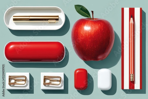 Neatly arranged school stationery items with an apple on a pastel background