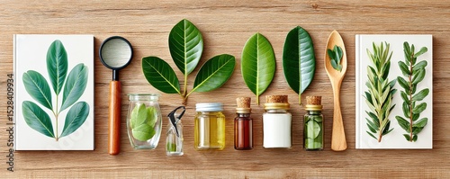 Flat lay of natural leaves, essential oil bottles, and eco-friendly materials