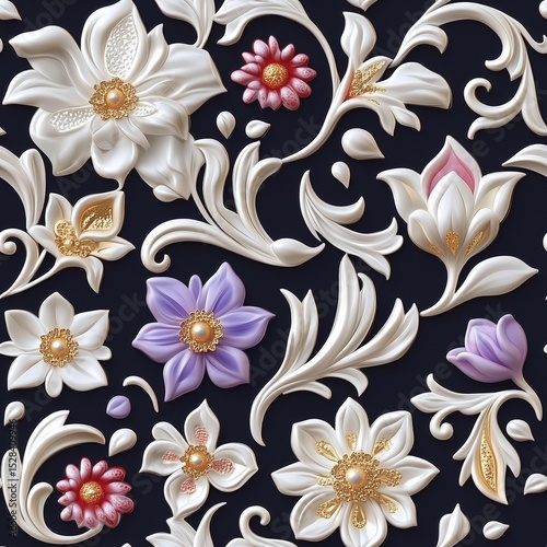 Seamless 3D lace pattern featuring sculpted white, purple, and pink flowers with golden and glitter accents on a dark background, ideal for elegant surfaces.