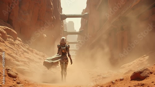 A humanoid robot walks through a dusty canyon with towering red rock formations. The scene conveys a futuristic, desolate landscape.