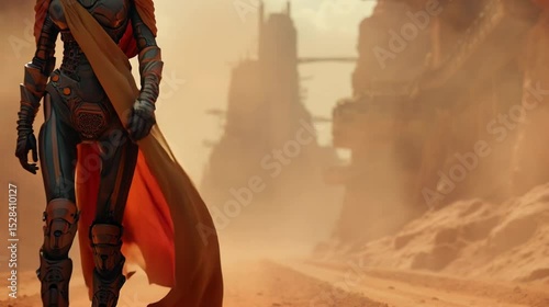 A lone female cyborg figure in a hooded cloak walks through a dusty, futuristic desert landscape. Abandoned structures rise in the background under a smoky sky. future world, science fiction.