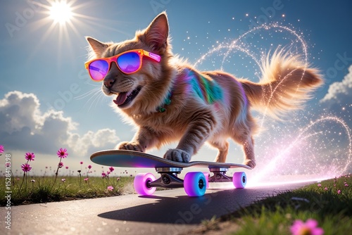 A dog goes snowboarding in the summer in the park.