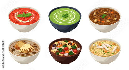 Delicious soup bowls collection featuring tomato, lentil, vegetable, and noodle soup varieties ideal for lunch
