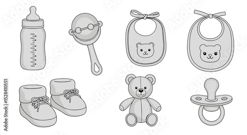 Baby essentials collection: bottle, rattle, bibs, booties, teddy bear, and pacifier vector illustration